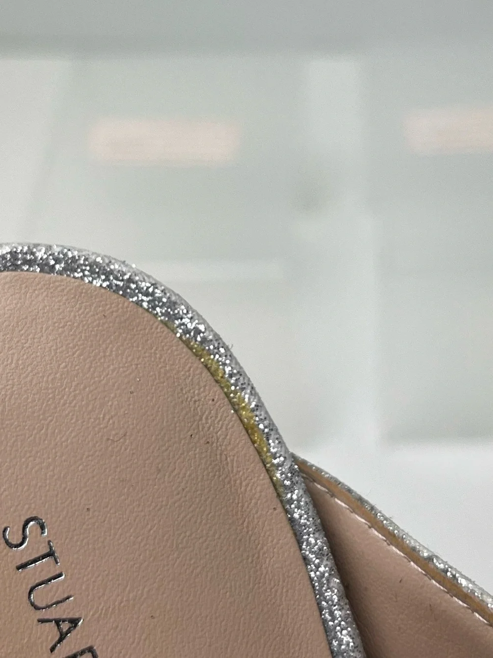 Stuart Weitzman Silver Glitter Crossover Pointed Toe Holiday High Heel Mule